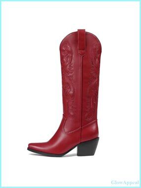 Women's Knee-High Cowboy Boots Chunky Block Heel Western Pointed Toe